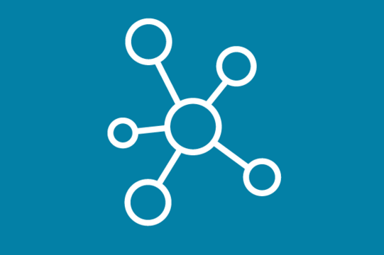 White icon on blue background: Atomic model