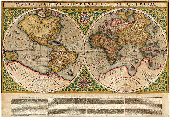 Illustration of Gerhard Mercator's historical world map “Ad usum navigantium” in the atlas published posthumously by his son Rumold.