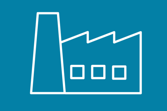 White icon on blue background: Factory building