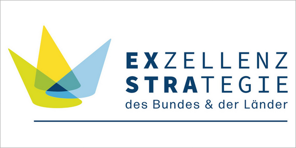 Logo of the Excellence Strategy: Three cones of light form a crown, word mark of the Excellence Strategy