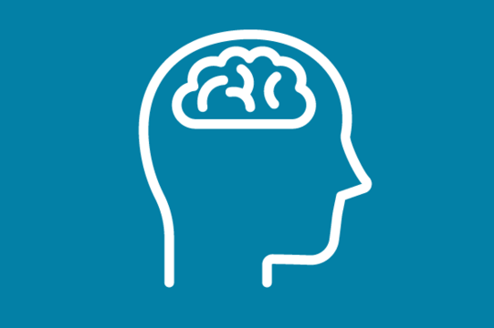 White icon on blue background: head of a person with sketch of the brain
