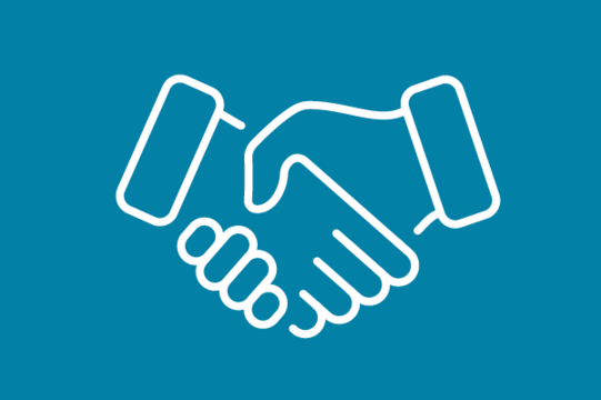 White icon on blue background: Handshake