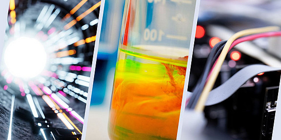 Collage of three motifs: particles, electrons, photons in an accelerator, hadron collider or synchrophasotron, AI / section of a laboratory vessel containing a reddish-yellow liquid / rear view of a server with numerous cables