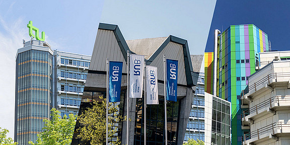 Collage of the Math Tower at TU Dortmund University, the Audimax at RUB University, and a colorful tower at UDE University.