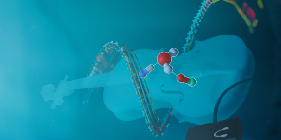 Depiction of a string instrument using molecules in water