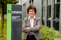Photo: A portrait of Prof. Martina Havenith-Newen in front of the ZEMOS research building