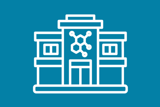 White icon on blue background: Building with a hint of an atomic model on the facade