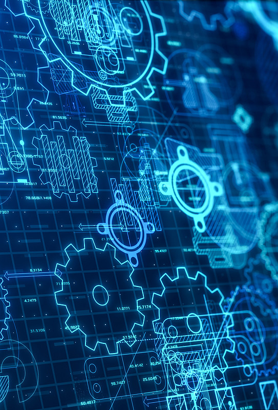 Image: Glowing gears and numbers against a dark blue background.