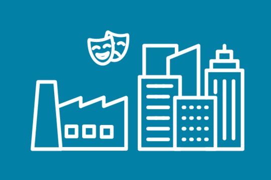 White icons on a blue background: smoke-free factory, skyscrapers, theater masks