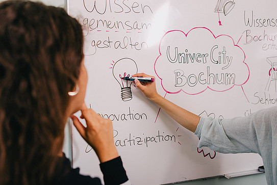 Close-up of the back of a person's head watching another person (close-up of the arm) writing something on a whiteboard. 