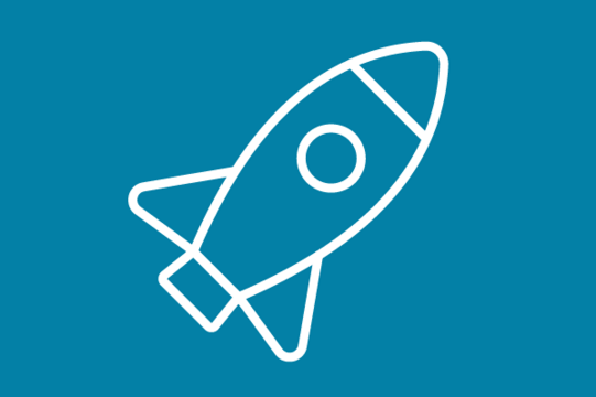 White icon on blue background: rocket flying diagonally upward
