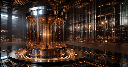 Eine grafische Darstellung eines Quantencomputers in Brauntönen.