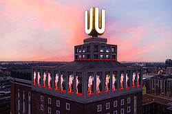 Top of the Dortmunder U with video installation, in the evening light
