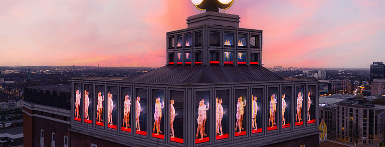 Top of the Dortmunder U with video installation, in the evening light