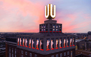 Top of the Dortmunder U with video installation, in the evening light