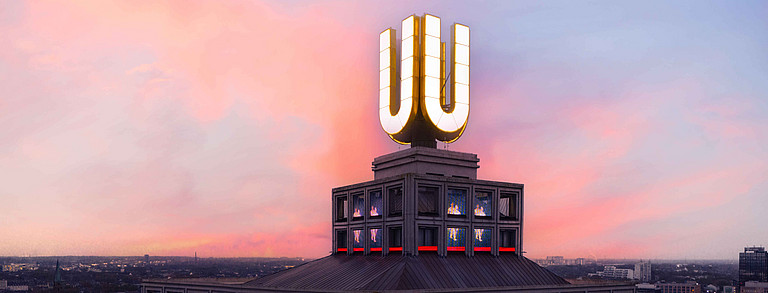 Top of the Dortmunder U with video installation, in the evening light