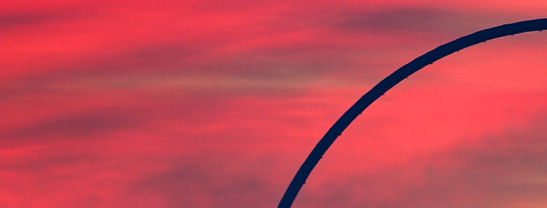 Close-up of a landmark in the Ruhr region against a red evening sky