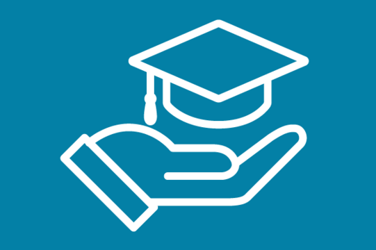 White icon on blue background: Open hand with a graduation cap floating above it
