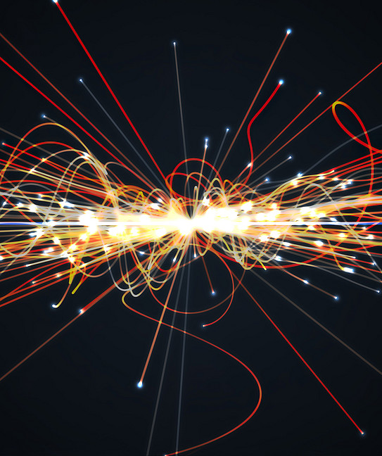 Animation: rays of light and colorful dots emanating from a central source on a dark background.