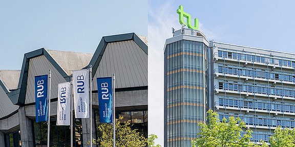 Collage of the RUB's Audimax lecture hall with blue and white RUB flags flying in front of it and the TU Dortmund's Math Tower with its logo on the roof.