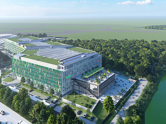 A digital design of the EUREF campus in Düsseldorf.