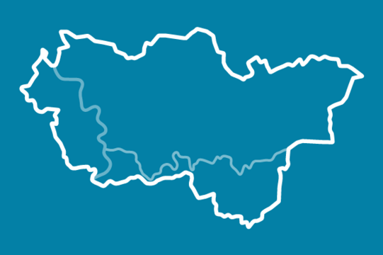 White icon on blue background: outline of the Ruhr region with the courses of the Ruhr and Rhine rivers