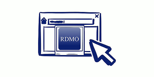 A dark blue graphic on a white background: A mouse pointer clicks on a browser window labeled RDMO.