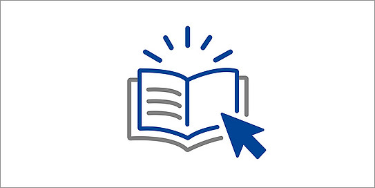 A gray-blue icon on a white background: The icon shows a book being clicked on by a cursor.