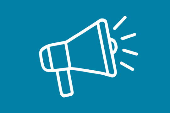 White icon on blue background: Megaphone