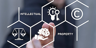 Photo: Graphic illustration on intellectual property featuring symbols for ideas, protection, and law.
