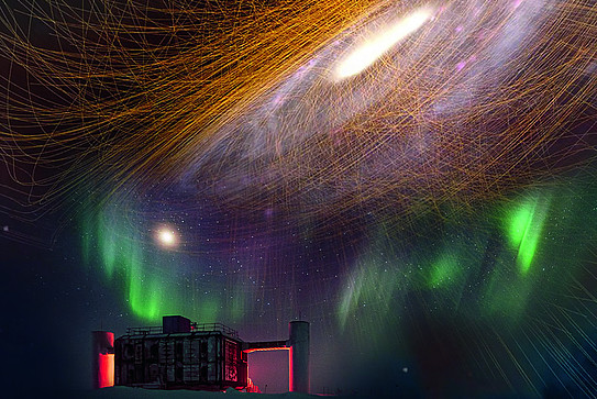 Photo of a building under a sky with stars, a galaxy, and northern lights.