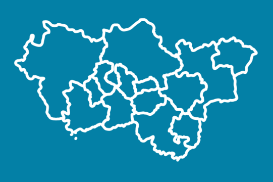 Weißes Icon auf blauem Grund: Umrisse des Ruhrgebiets und der Landkreise/kreisfreien Städte