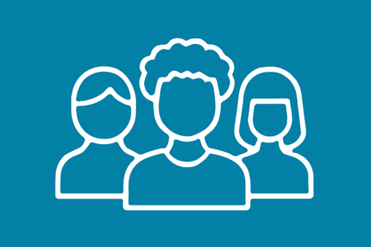 White icon on blue background: Three people of different appearances