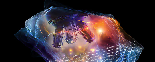 Red-purple cloud with the lower part of a microscope and historical writings visible on a dark background