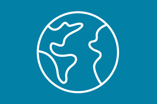 White icon on blue background: globe with continents outlined